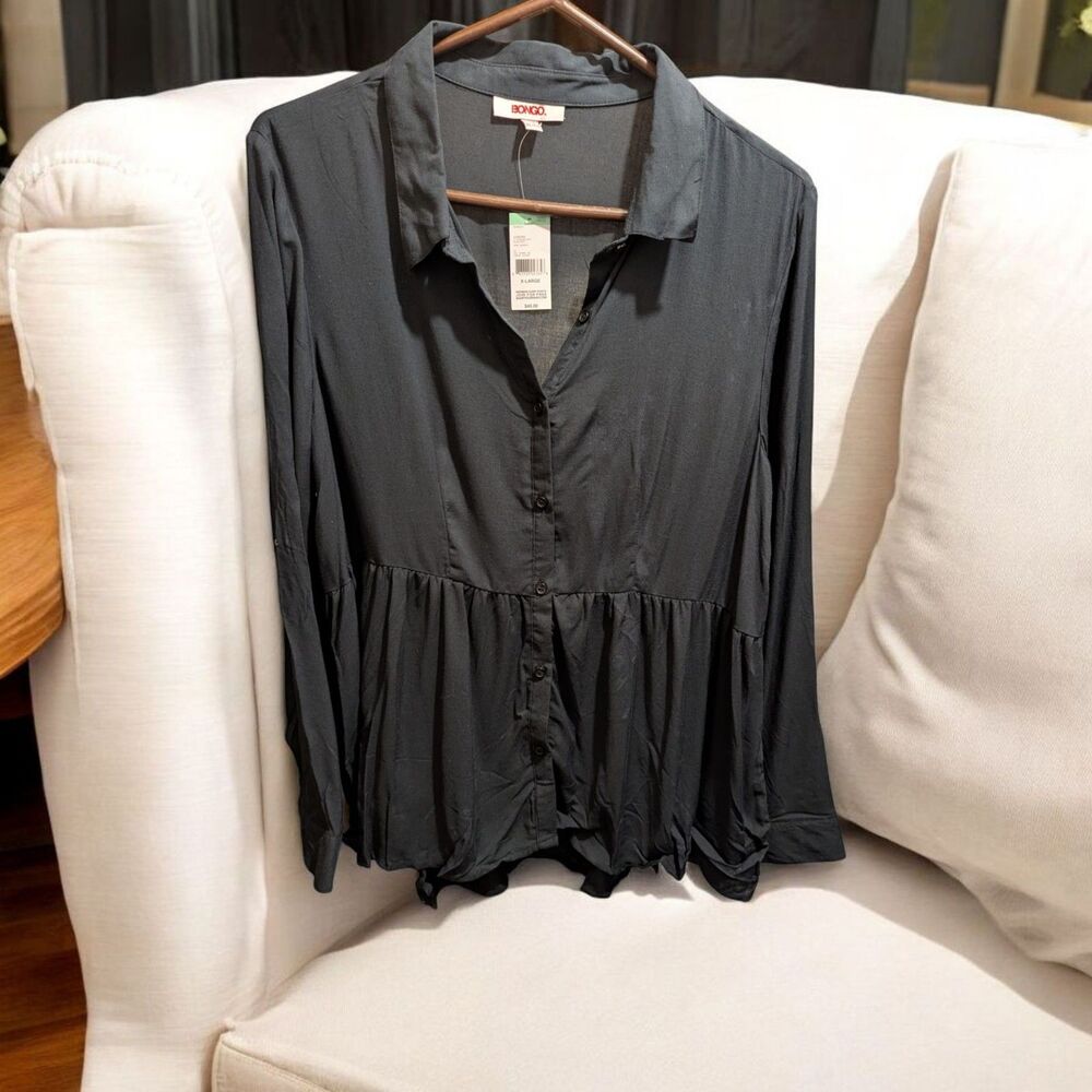 Womens Bongo Long Sleeve Sheer Top Shirt Size XL Black Onyx Button Up Rayon